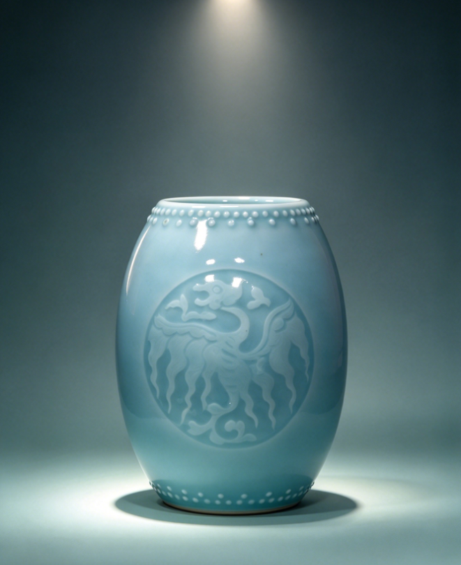 天青釉鼓釘團鳳紋罐