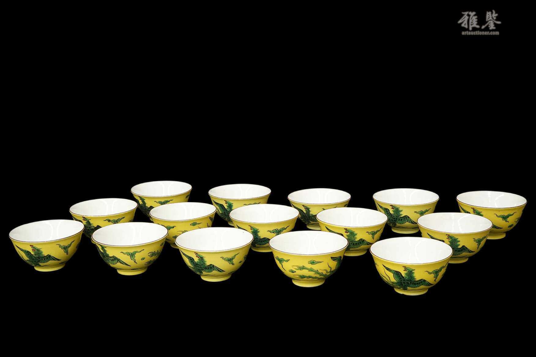 清 大清乾隆年制 黄地绿彩凤纹茶盏15客 日本原木箱 本物保证
